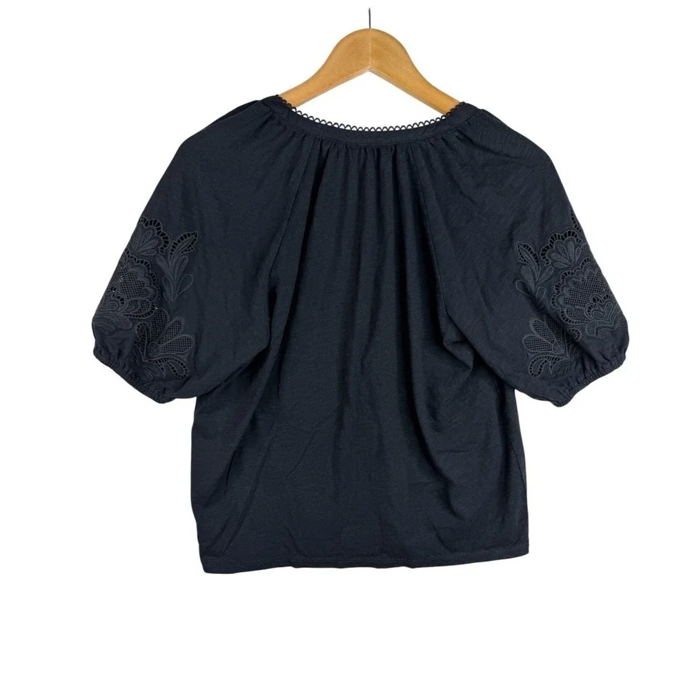 Boden Women's Split Neck Embroidered Puff Sleeve Blouse size 6 Black
